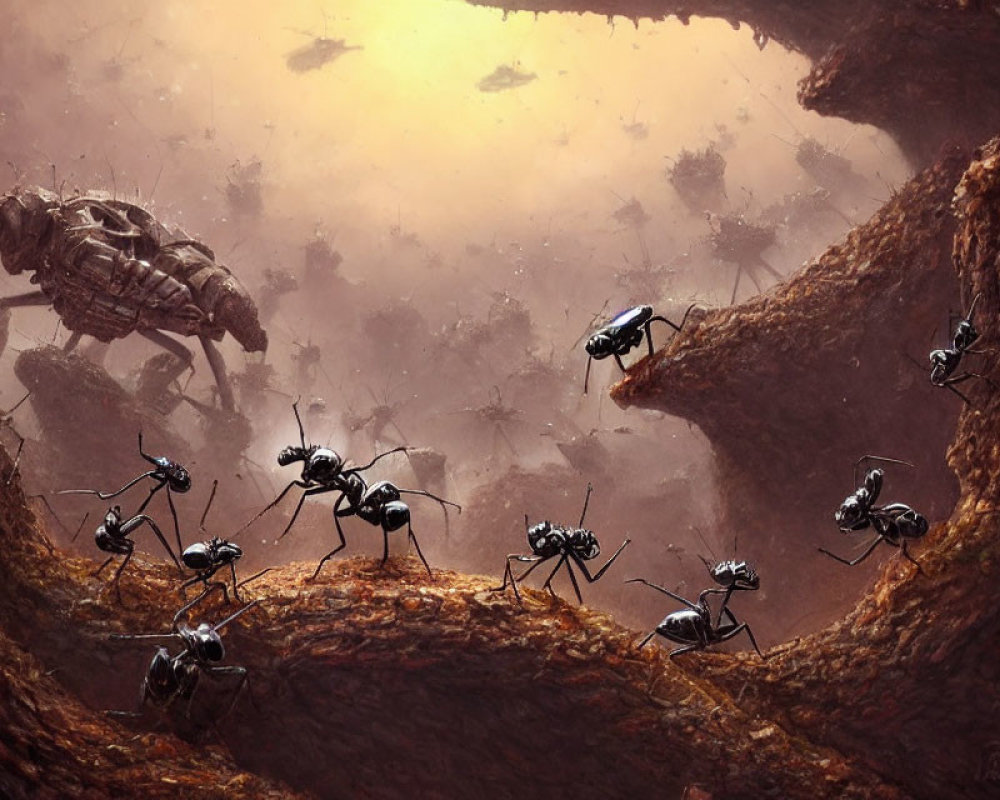 Digital art: Robotic ants in earth-toned setting with mechanical insect.