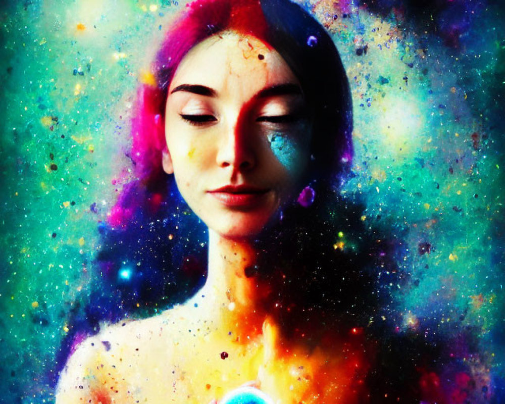 Cosmic-themed surreal portrait of a woman with radiant orb against starry space backdrop
