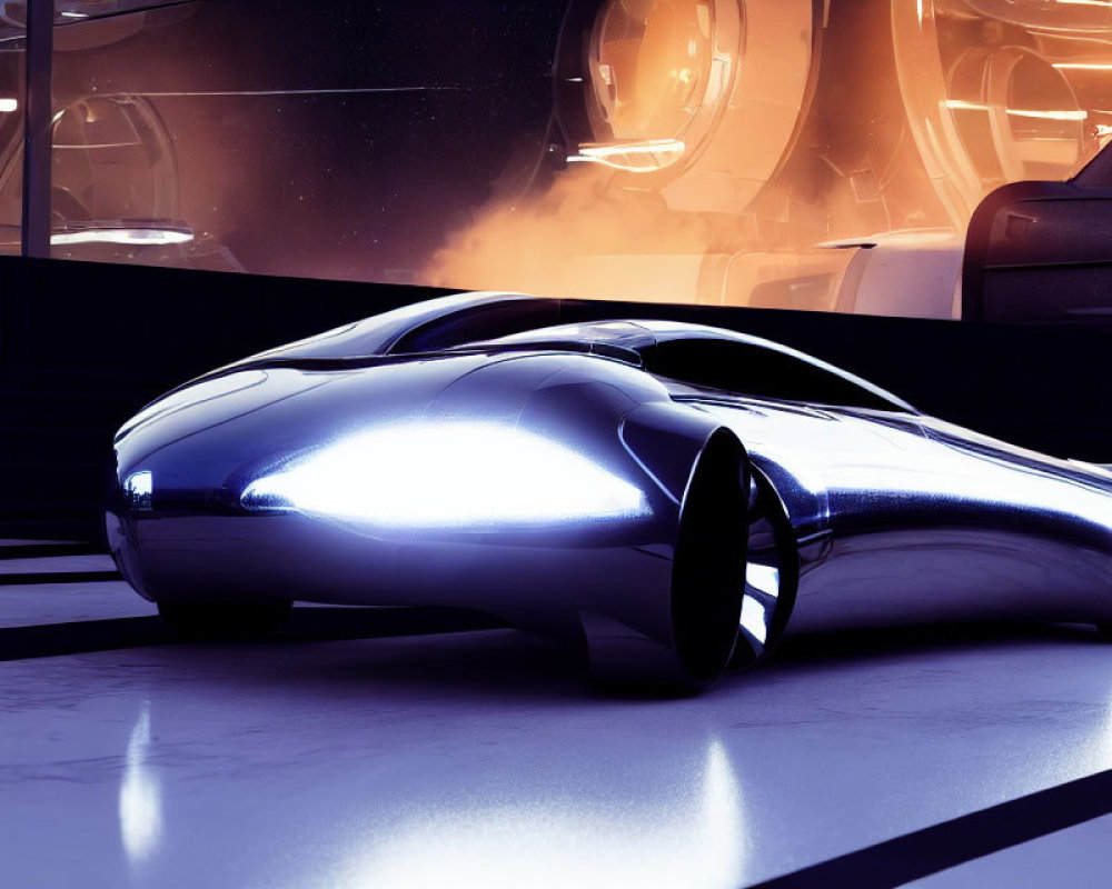 Futuristic silver car in modern illuminated facility