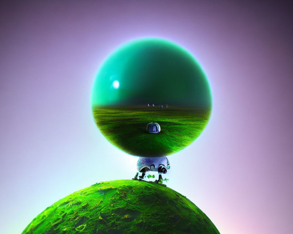 Surreal image of large green sphere above smaller planet with robot observing