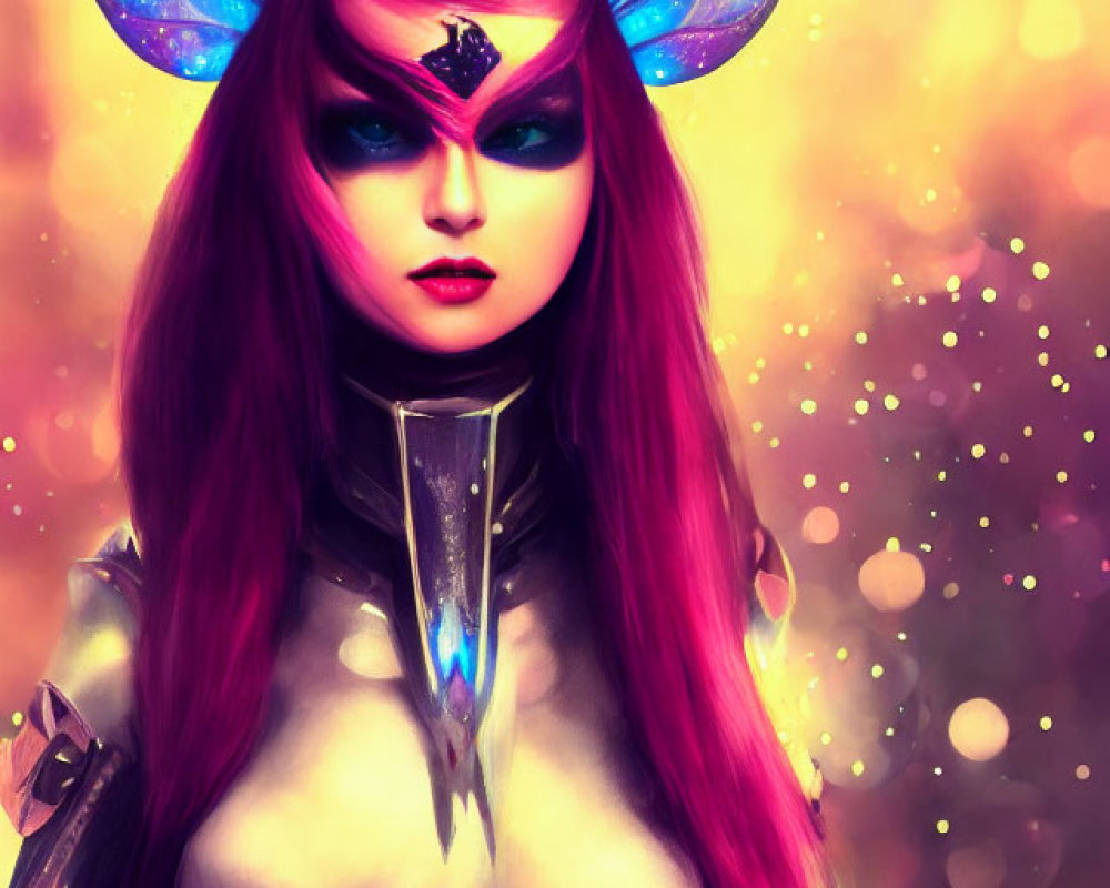 Vibrant purple-haired female character with butterfly wings in futuristic armor