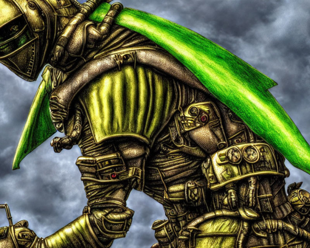Futuristic armored knight with green cape in dramatic sky