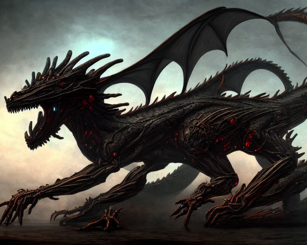 Black Dragon with Glowing Red Eyes in Stormy Setting