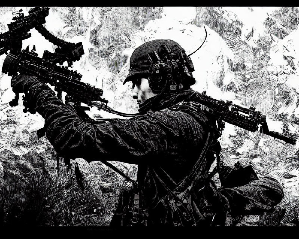 Monochrome digital artwork of soldier in tactical gear aiming rifle