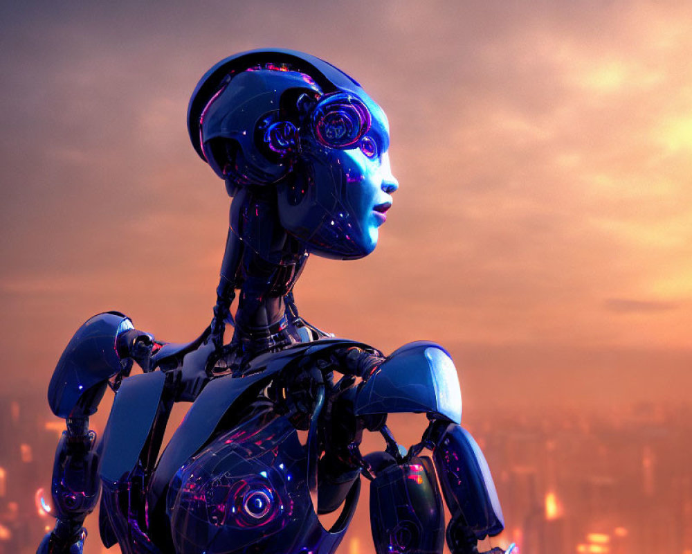 Intricate Blue Design Humanoid Robot Gazing at City Skyline at Twilight