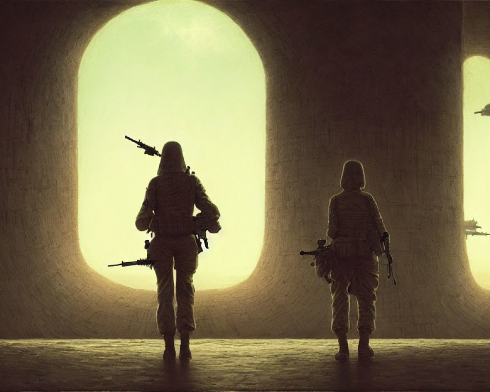 Silhouetted armed figures in arched hallway with flying ships outside