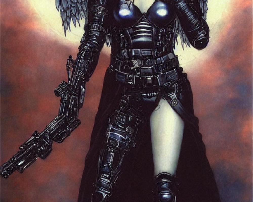 Futuristic female figure with mechanical wings and arms in black armor on pink and blue backdrop