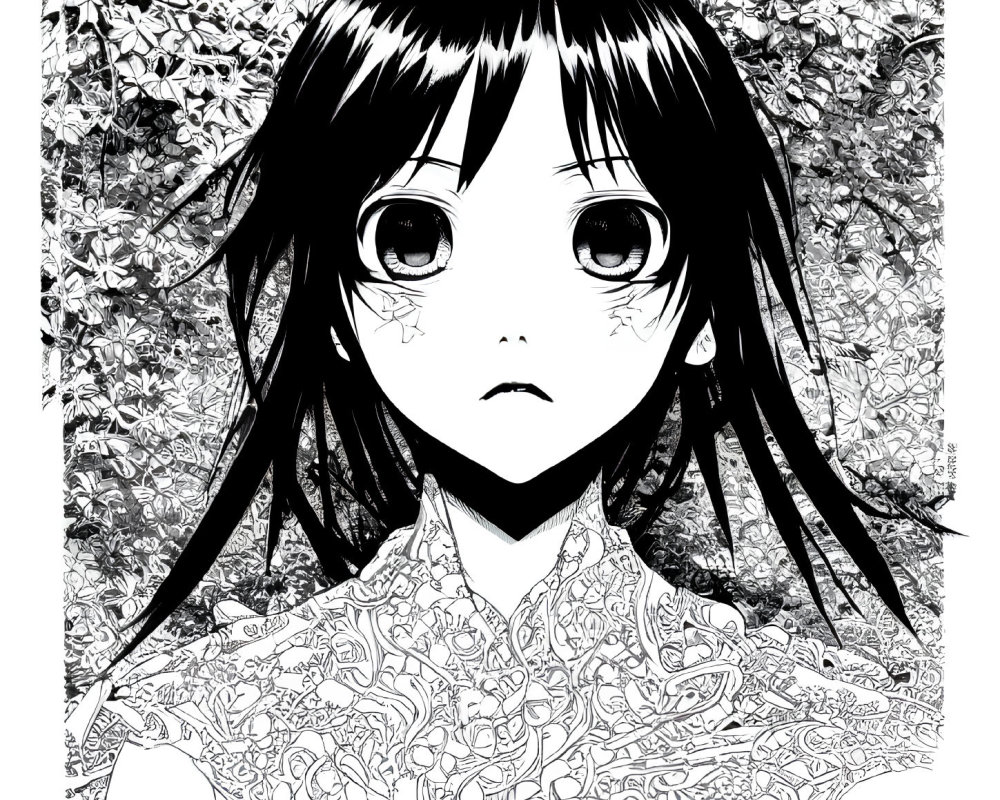 Detailed black and white illustration of a young girl with expressive eyes, long hair, and intricate lace collar