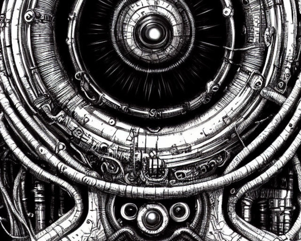 Detailed black and white mechanical eye illustration with gears and cables above stylized face.