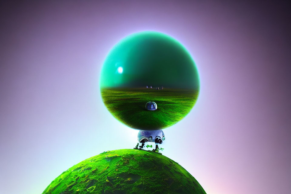 Surreal image of large green sphere above smaller planet with robot observing