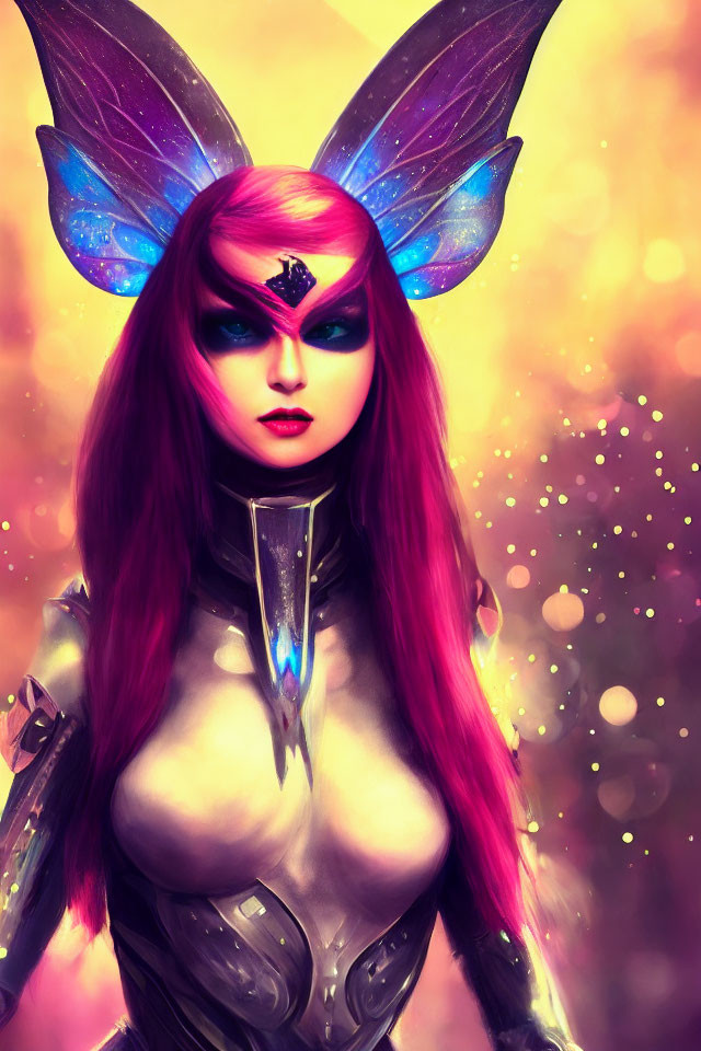 Vibrant purple-haired female character with butterfly wings in futuristic armor