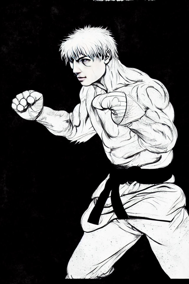 Monochrome illustration of determined martial artist in karate gi
