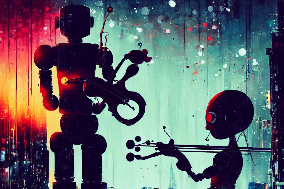 Colorful Bokeh Background with Two Robots Playing String Instruments