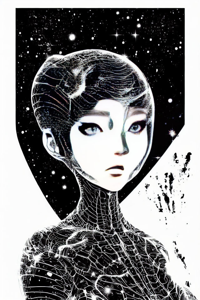Stylized female figure with cosmic features and third eye on black background