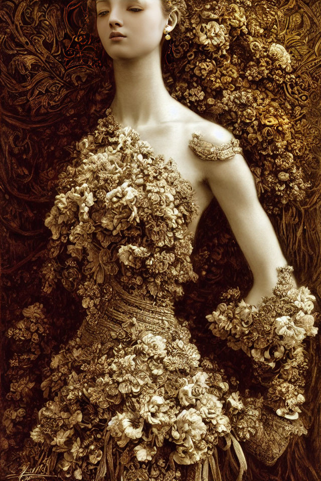 Baroque-themed gown with floral patterns in gold and bronze hues