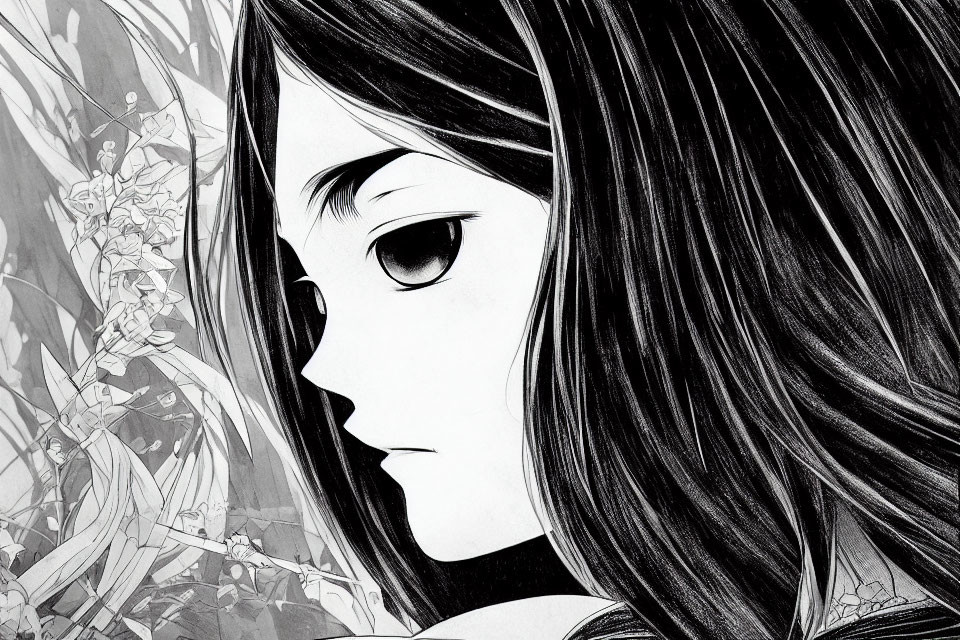 Detailed black and white illustration of a girl with large eyes and floral patterns