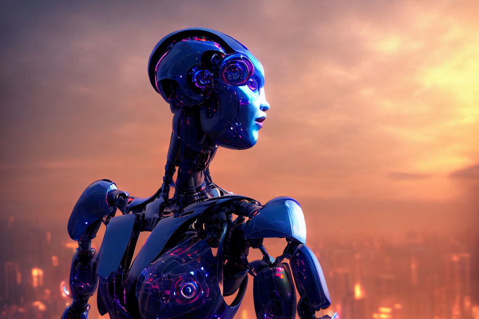 Intricate Blue Design Humanoid Robot Gazing at City Skyline at Twilight