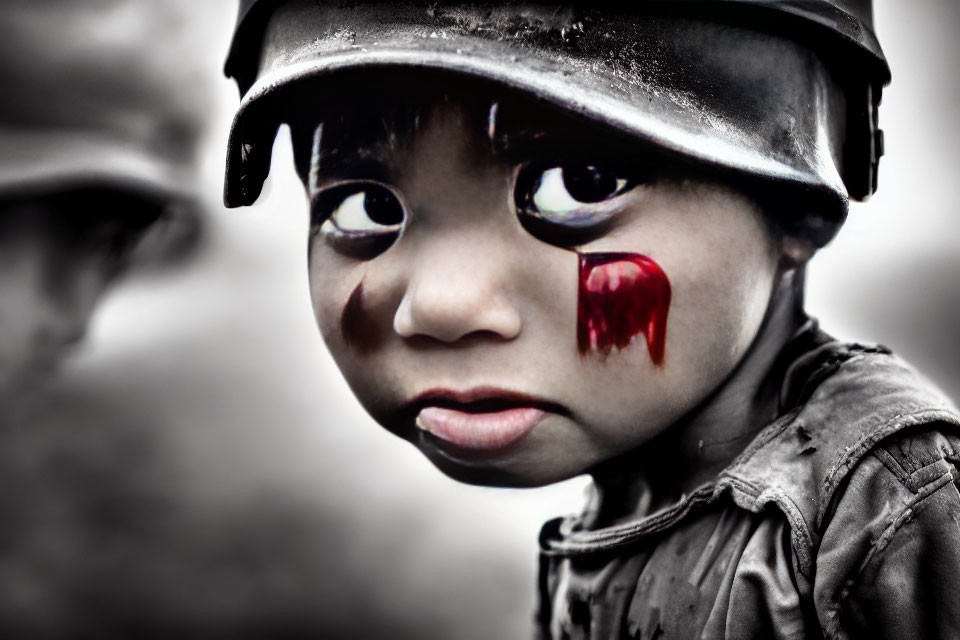 Child in helmet with tear-like face paint & military attire.
