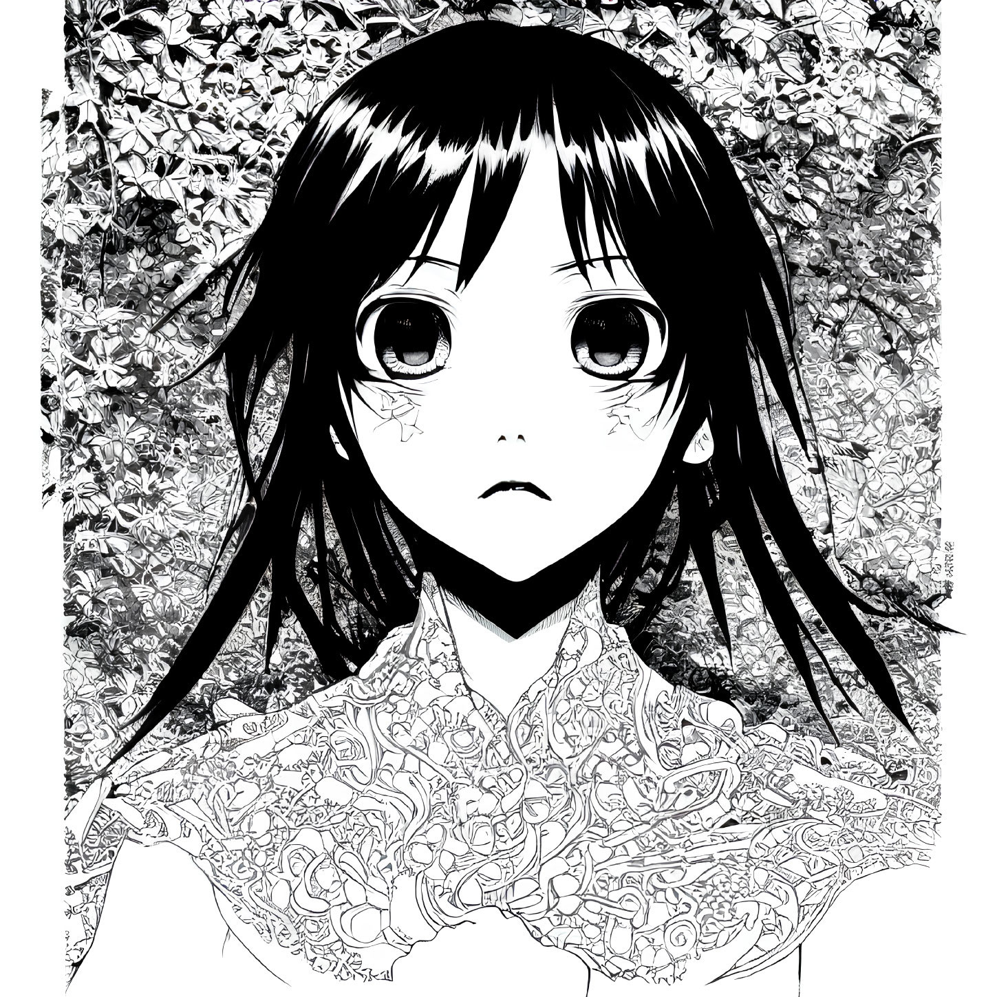 Detailed black and white illustration of a young girl with expressive eyes, long hair, and intricate lace collar