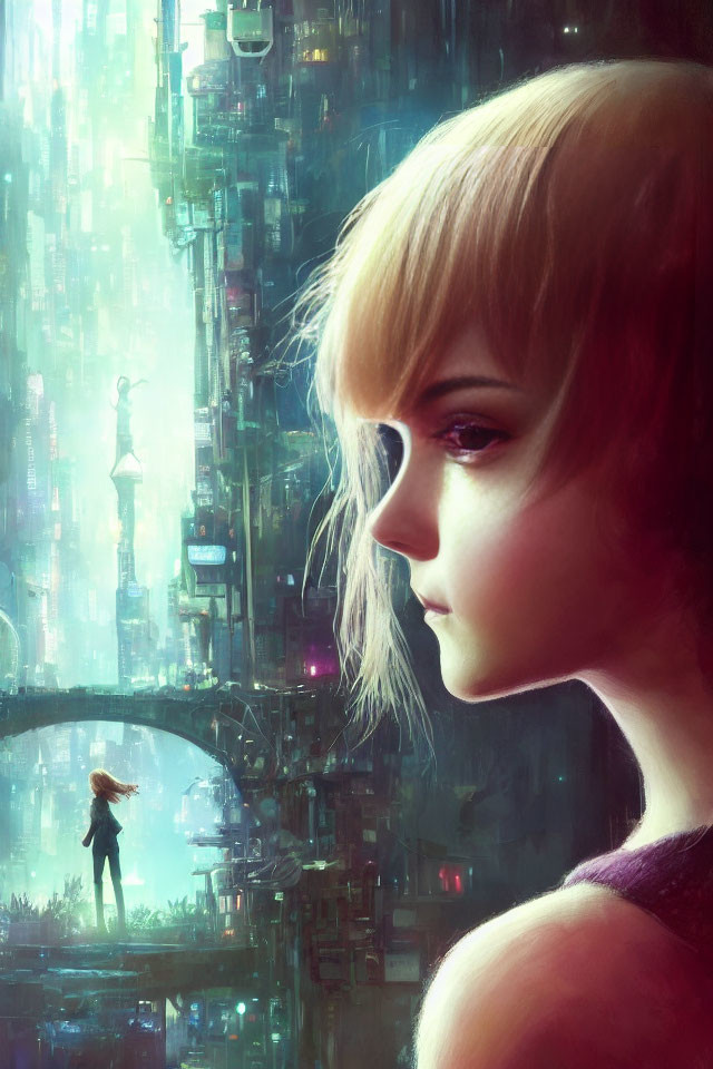 Woman with short hair gazing in futuristic cityscape