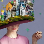 Whimsical miniature town on woman's wide-brimmed hat