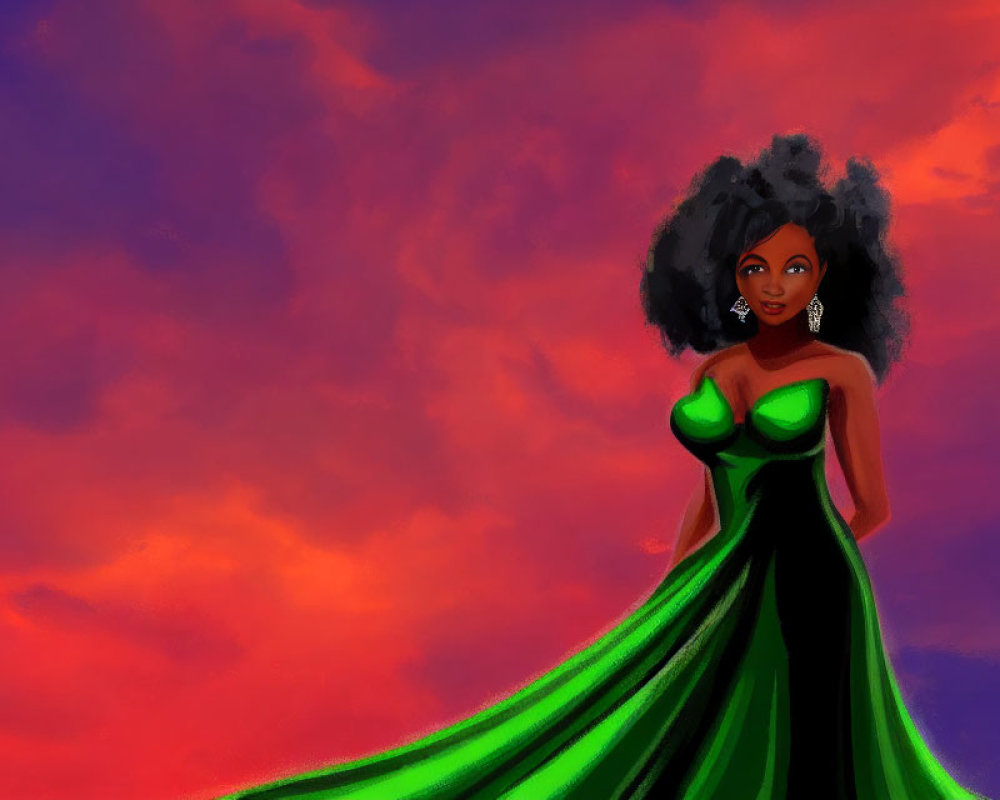 Woman in flowing green dress against vivid sky with curly black hair.