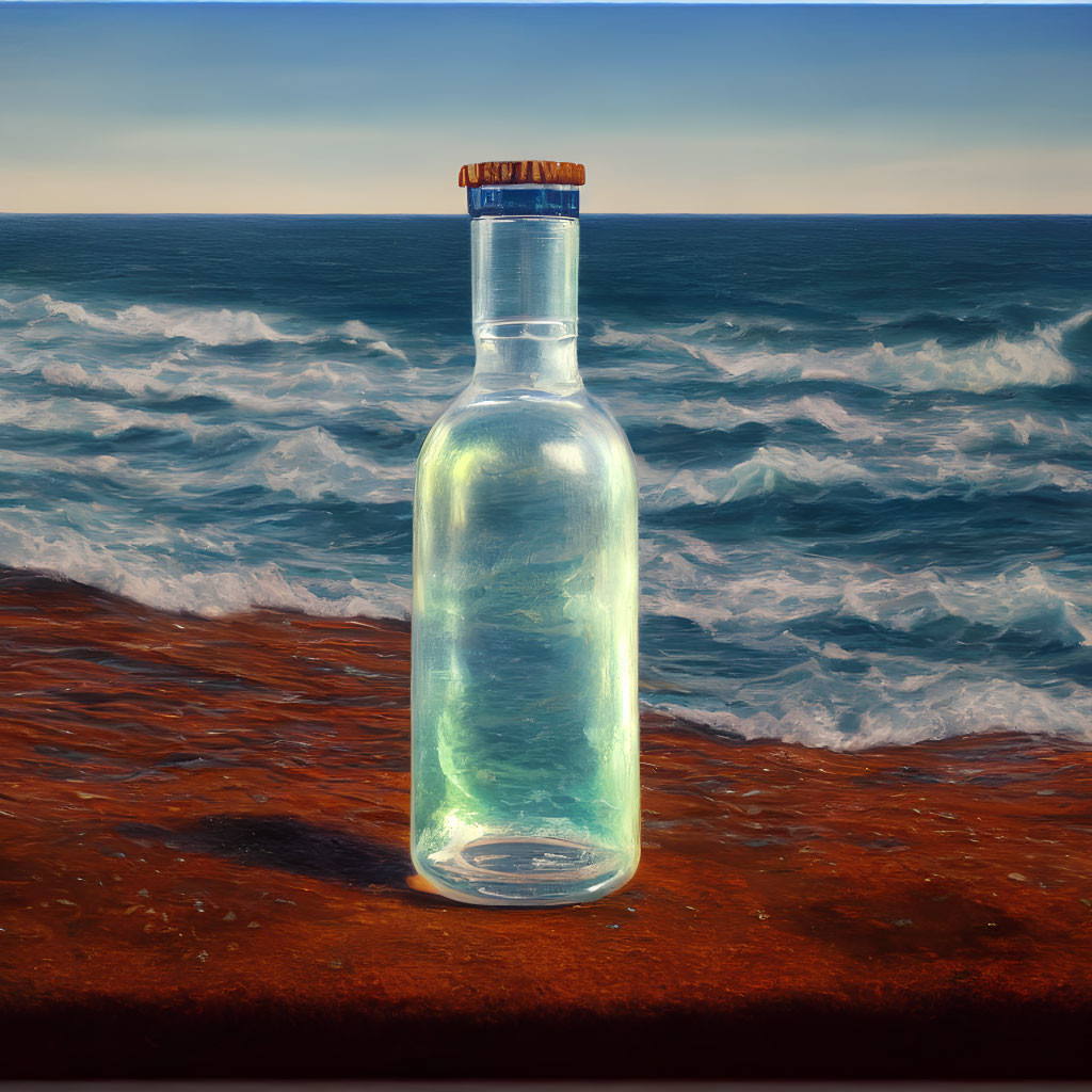 Glass bottle on rusty surface with ocean waves backdrop