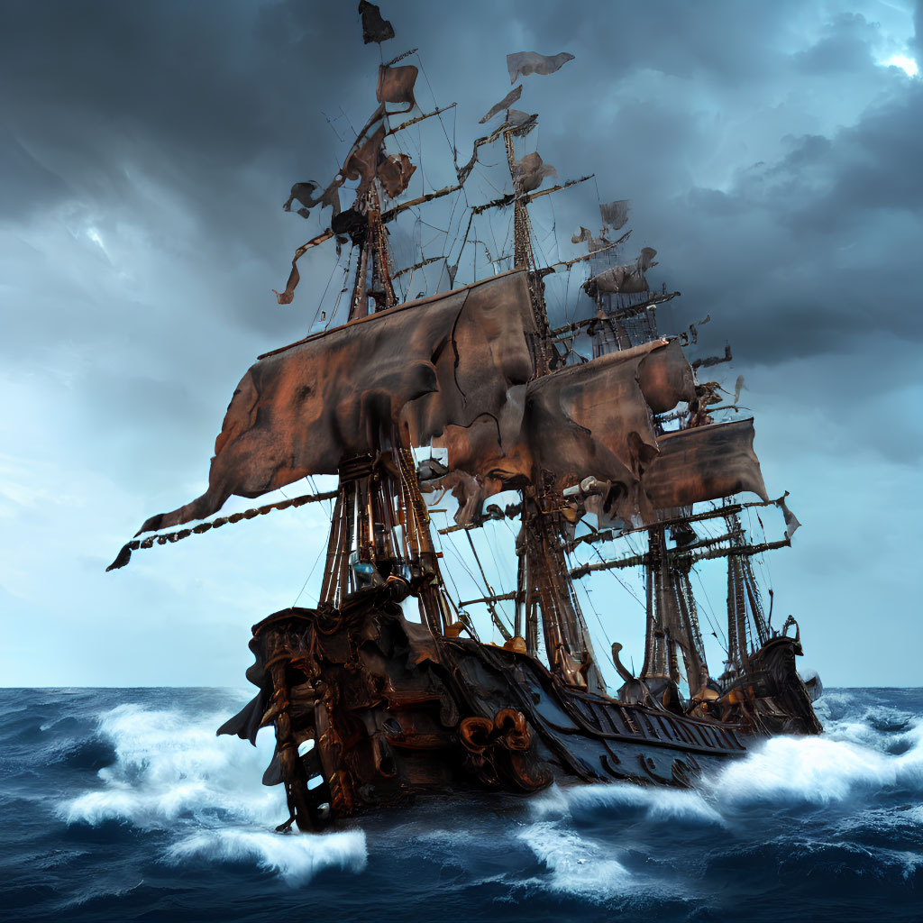 Weathered pirate ship sails turbulent ocean waves in stormy sky