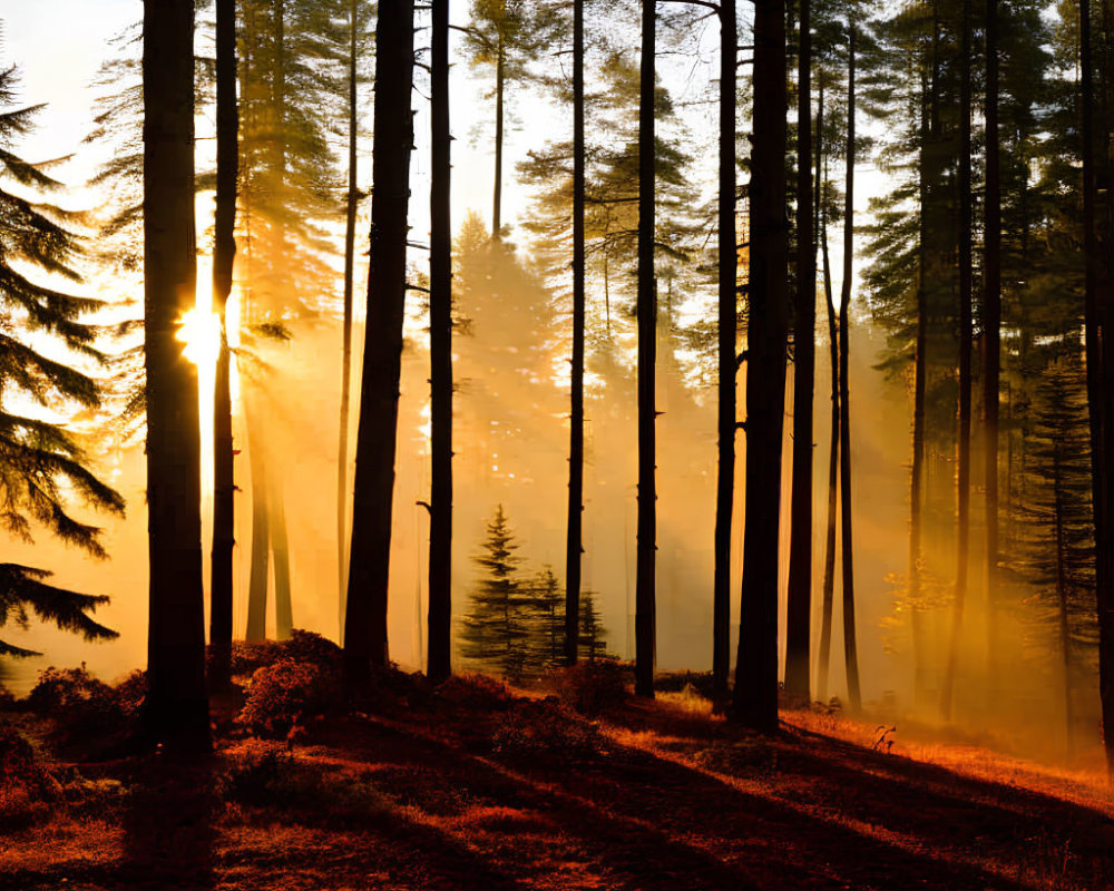 Misty forest at sunrise with golden light and long shadows