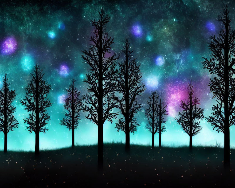 Night Sky: Bare Trees Silhouetted Against Vibrant Cosmic Colors