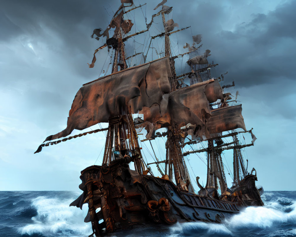 Weathered pirate ship sails turbulent ocean waves in stormy sky