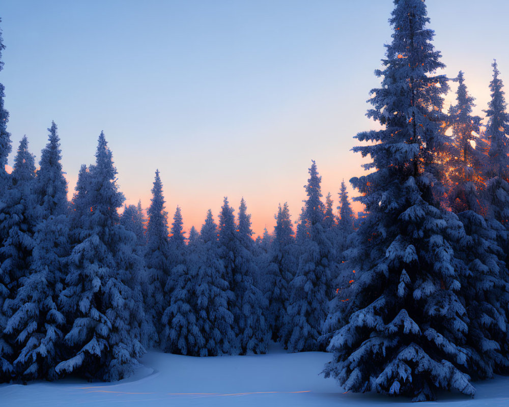 Sunrise over Snow-Covered Coniferous Forest in Orange and Blue Sky