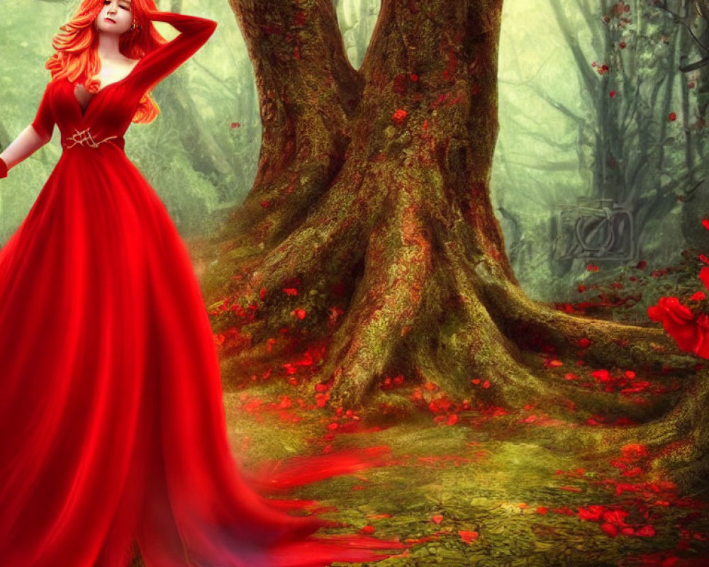 Woman in flowing red dress in mystical forest with lush green trees