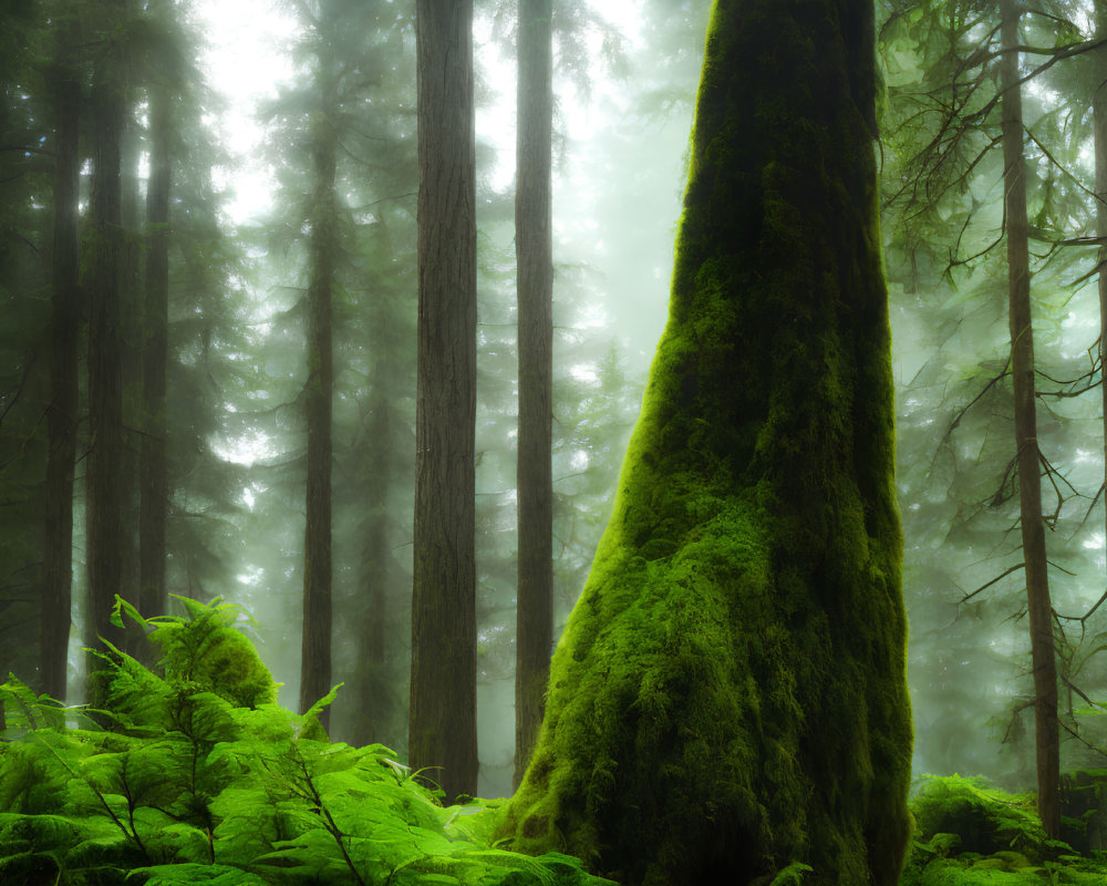 Misty green forest with towering moss-covered trees and lush undergrowth