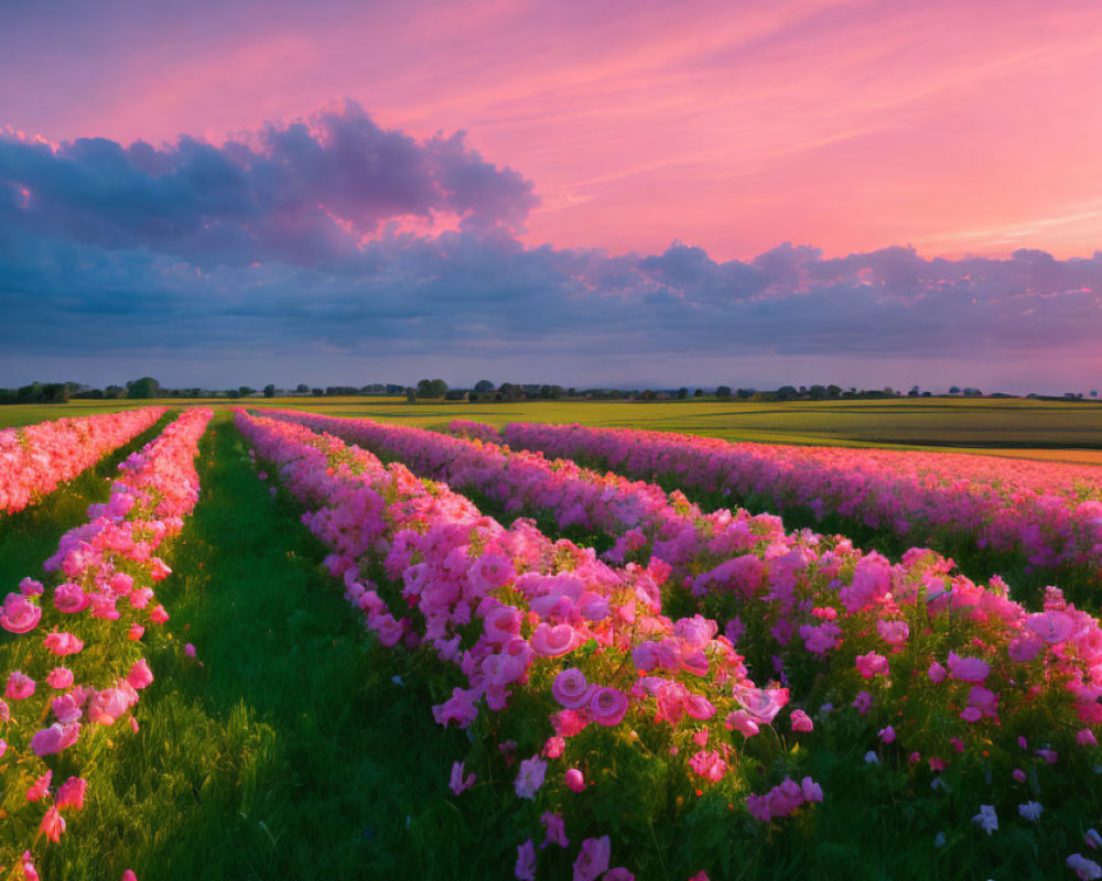 Vibrant pink flowers in field under dramatic sunset sky