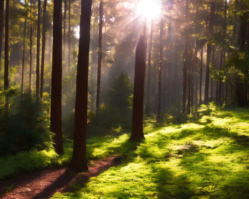Lush green undergrowth in dense forest with sunlight streams