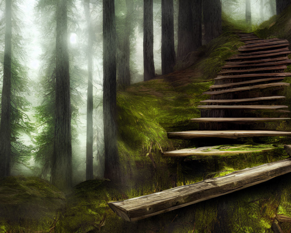 Enchanting forest path with wooden stairs and foggy trees