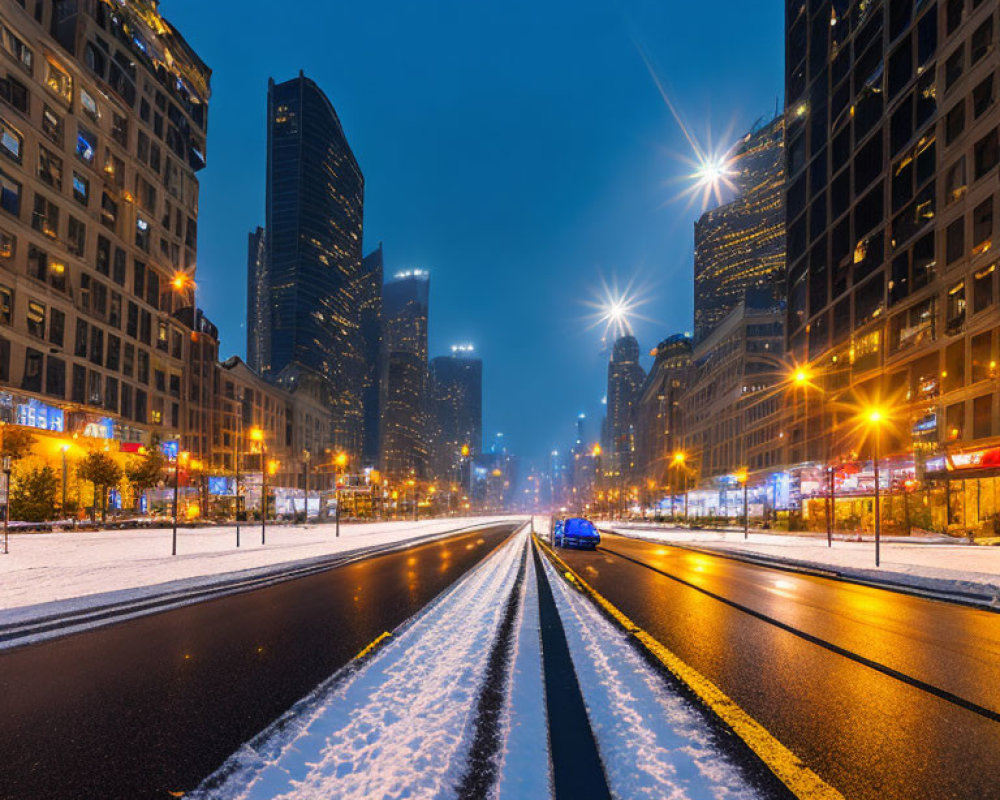 Snow-covered city street at night with tall buildings, streetlights, and blue car