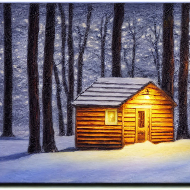 Snowy forest night scene: cozy wooden cabin with warm light in winter snowfall