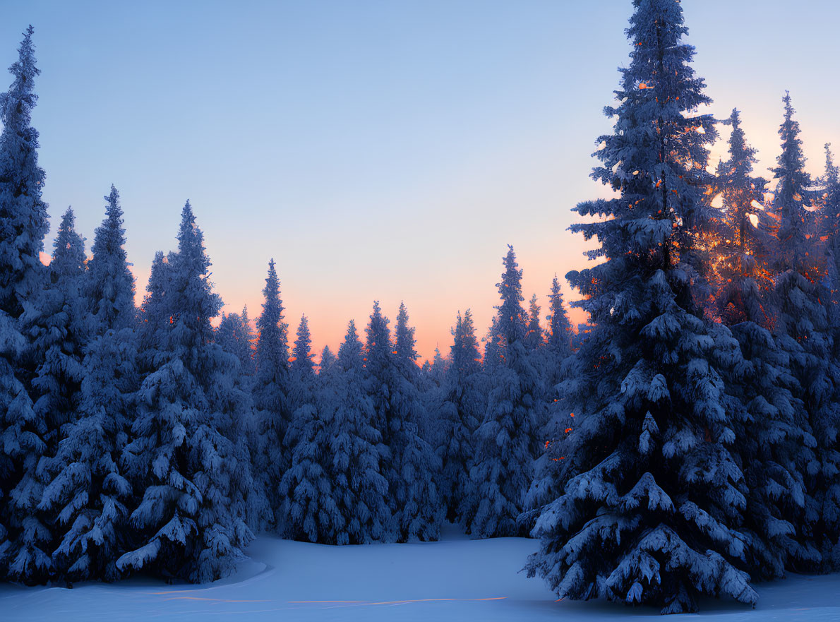 Sunrise over Snow-Covered Coniferous Forest in Orange and Blue Sky