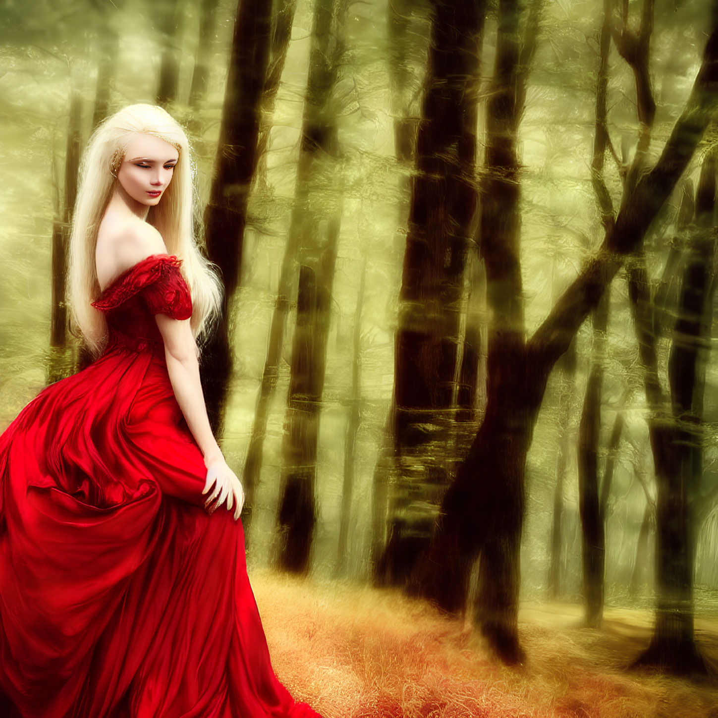 Woman in Red Gown in Misty Forest with Sunlight