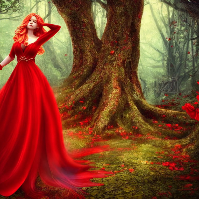 Woman in flowing red dress in mystical forest with lush green trees