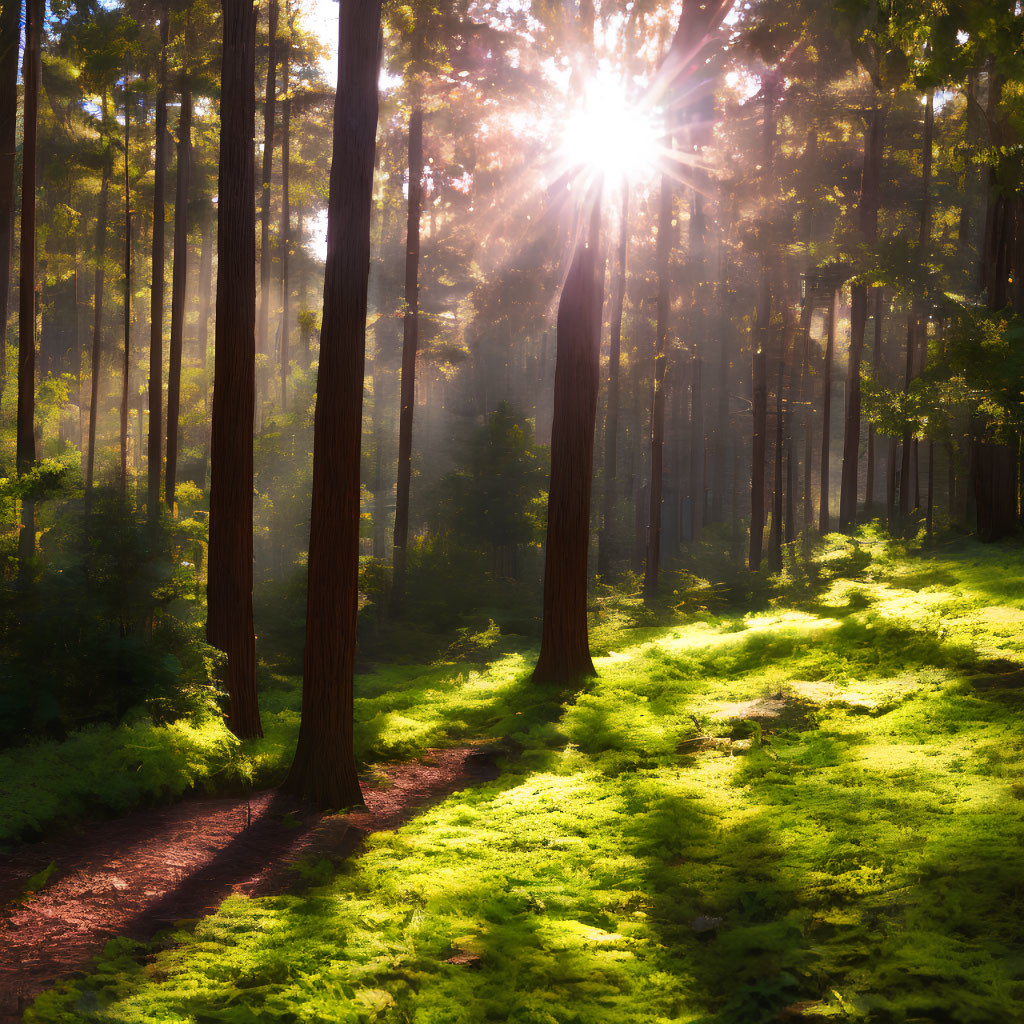 Lush green undergrowth in dense forest with sunlight streams