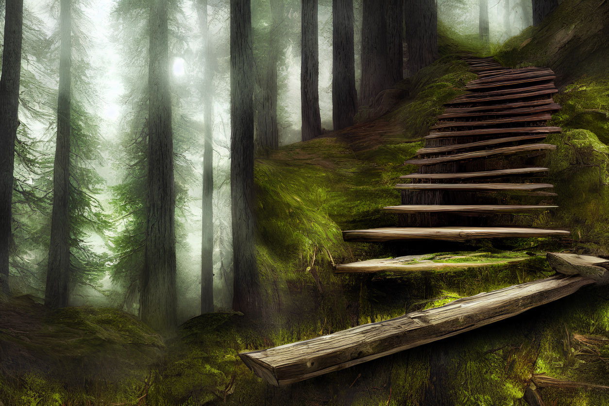 Enchanting forest path with wooden stairs and foggy trees