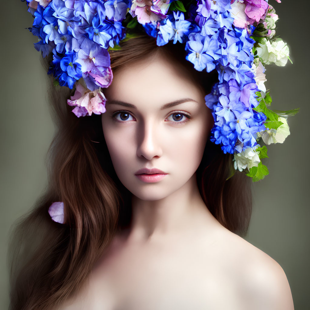 Woman with Blue and Purple Floral Crown and Long Wavy Hair