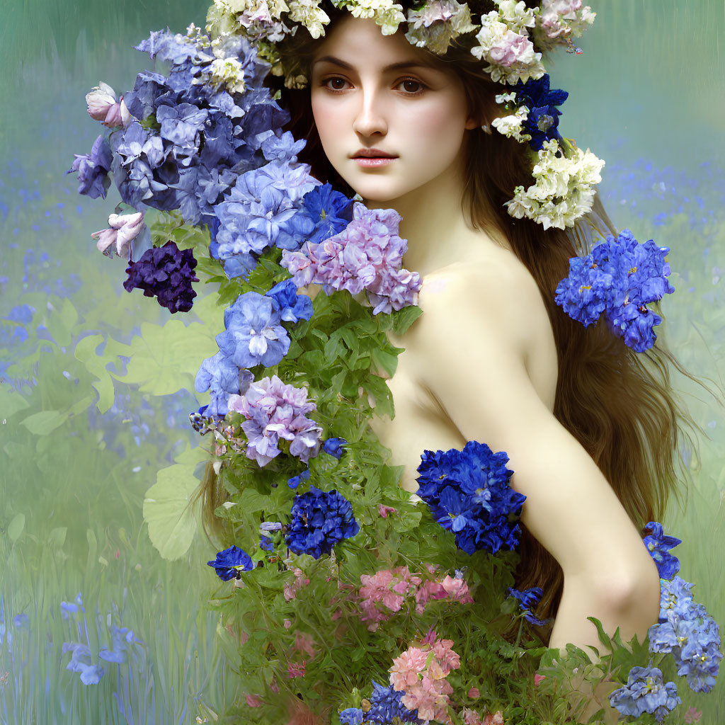 Woman with floral wreath surrounded by blue and pink flowers
