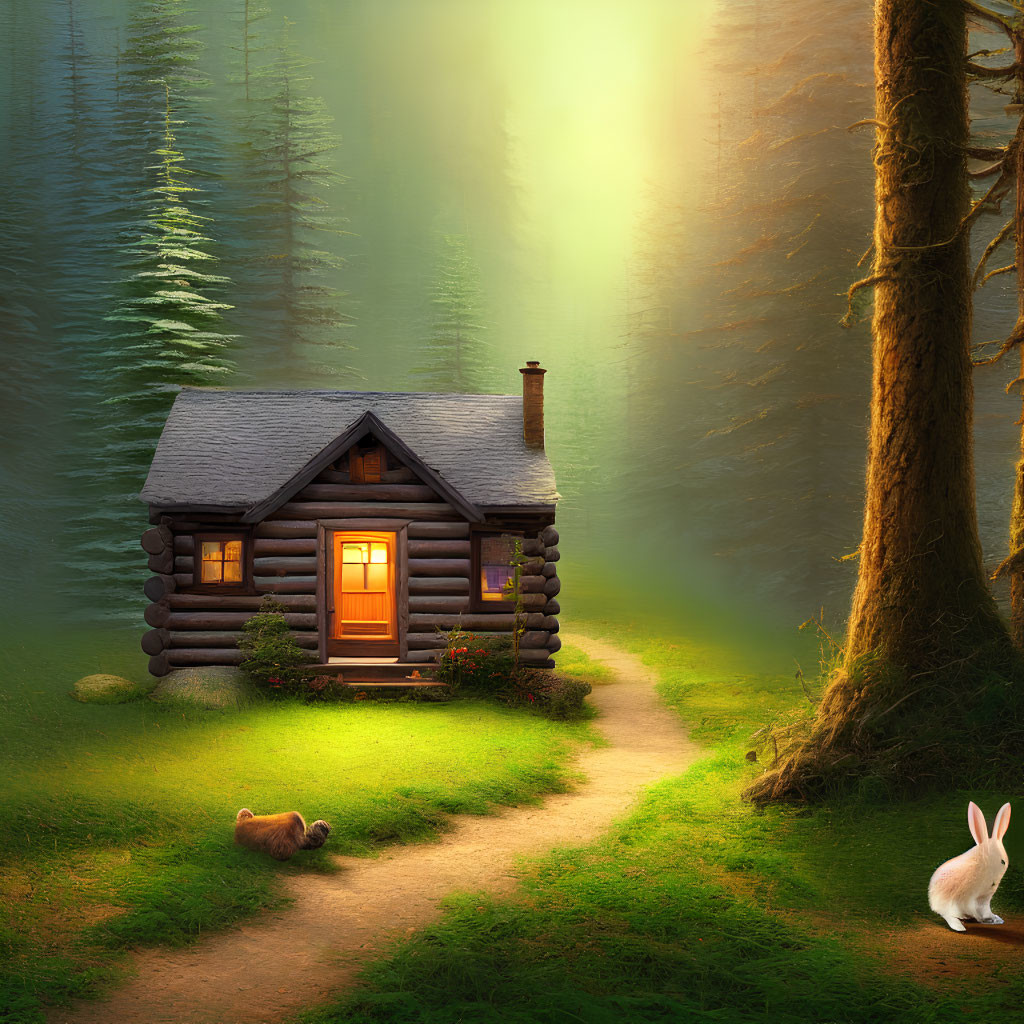 Serene forest clearing with cozy log cabin and white rabbit at dusk
