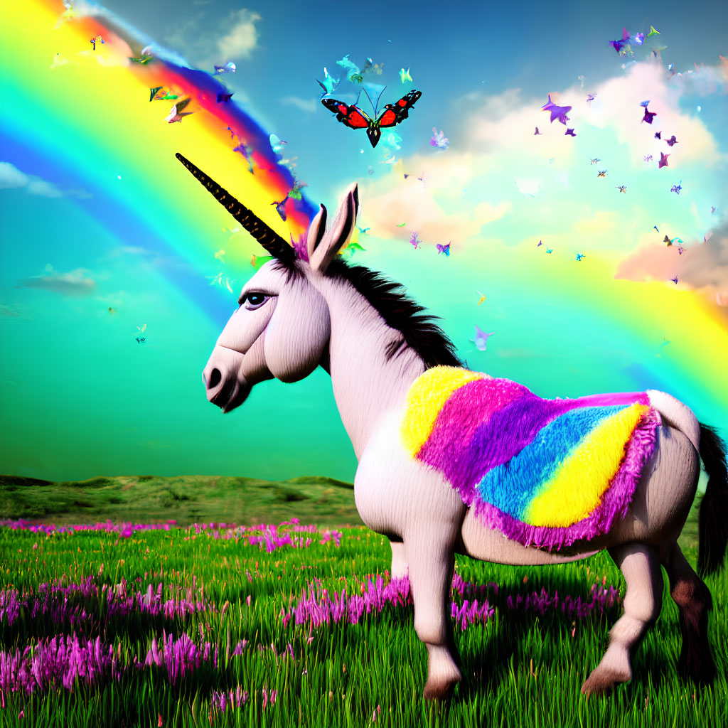 Colorful digital art: Unicorn with rainbow mane in vibrant meadow