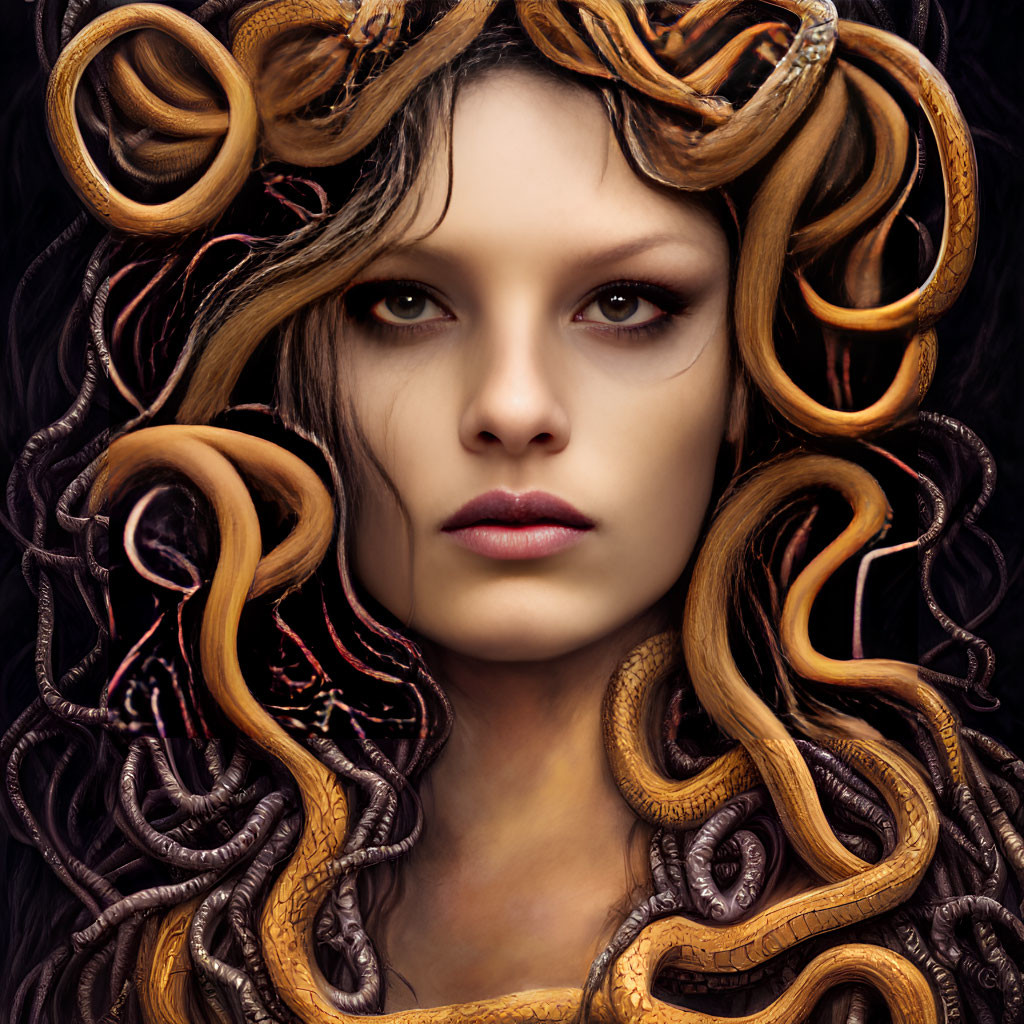Woman with Realistic Snake Hair in Shades of Brown and Gold