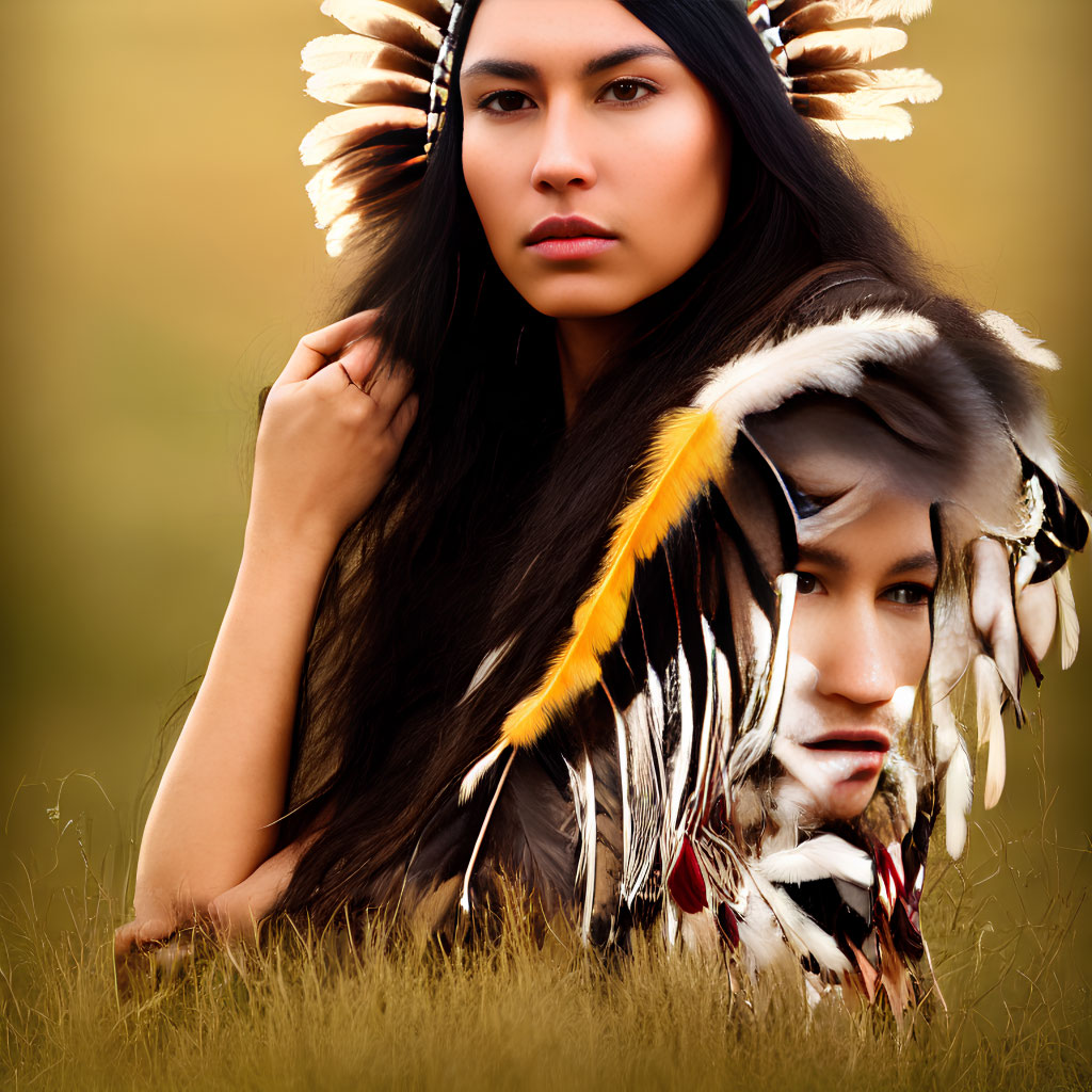 Serious person in native headdress with white and brown feathers in golden field